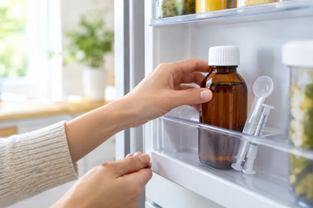 A non-branded liquid supplement bottle stored in a refrigerator door next to a clean measuring spoon or oral syringe, with labels turned away or blurred.