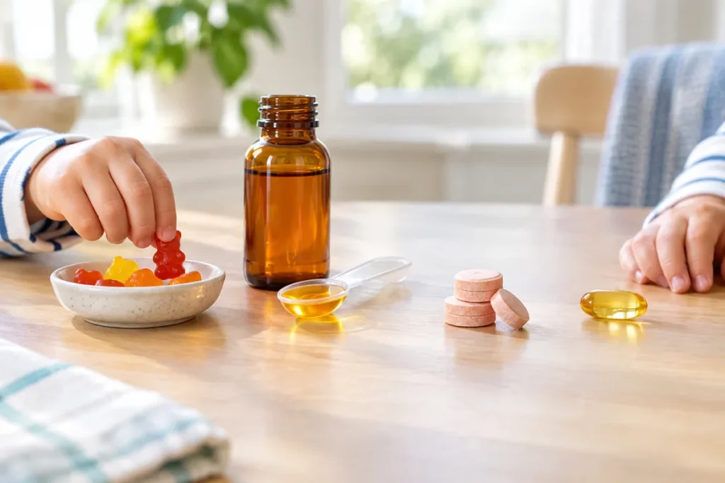 A non-branded tabletop layout showing common kid omega-3 formats side by side: a gummy on a small dish, a liquid bottle with a measuring spoon or oral syri