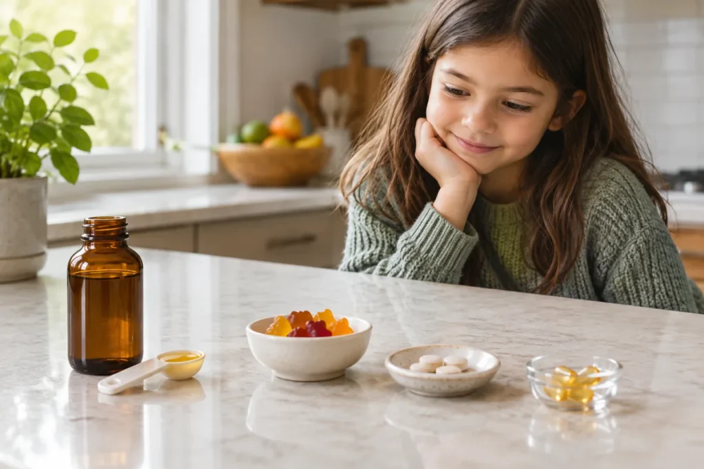 A non-branded side-by-side setup of kids’ omega-3 formats: a liquid with a measuring spoon, a few gummies, a chewable tablet, and a mini softgel, arranged