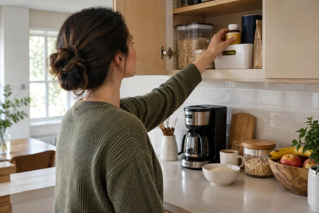 A practical breakfast station with a non-branded supplement bottle stored in an upper cabinet or adult-only bin near coffee or oatmeal supplies, clearly aw