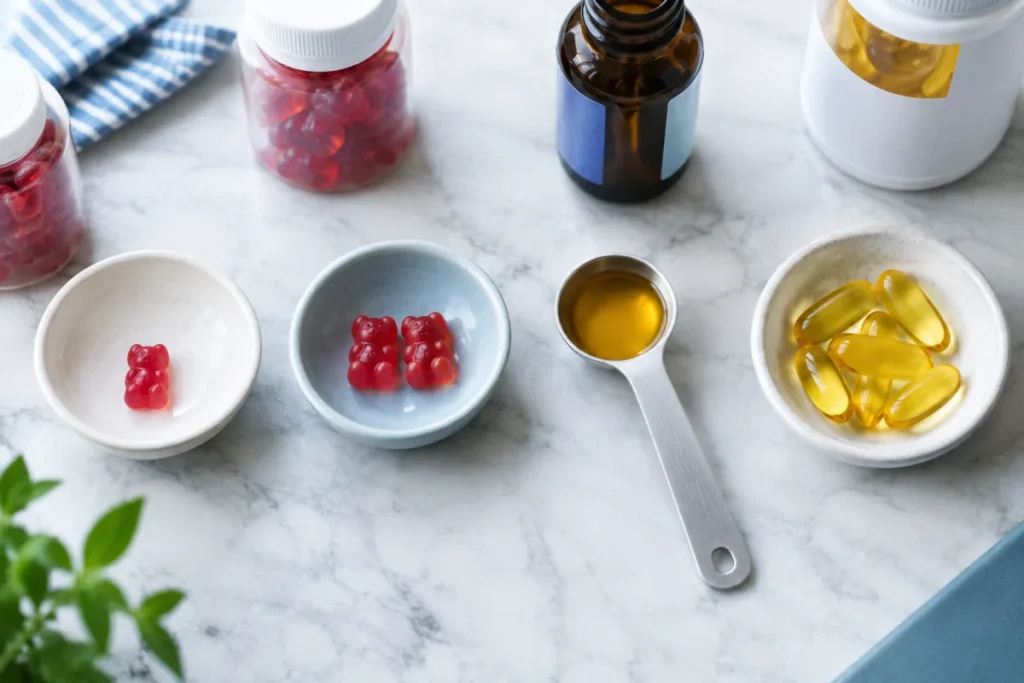 An overhead close-up of unbranded kids’ omega-3 formats arranged as separate serving examples: one gummy, two gummies, a teaspoon of liquid in a measuring
